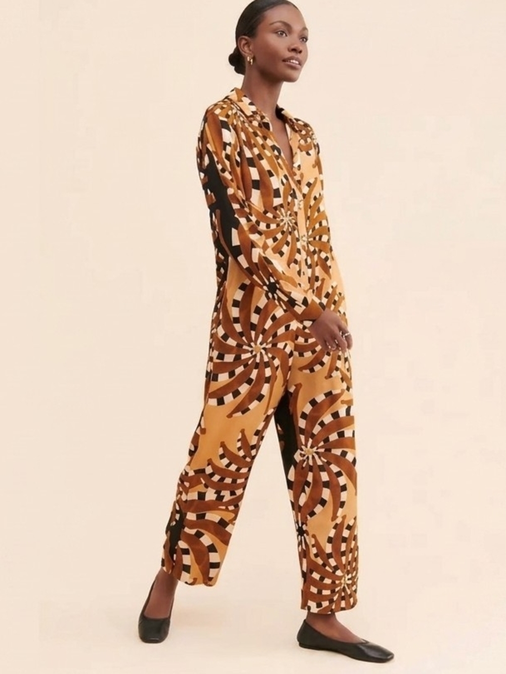 FARM Rio Mixed Banana Jumpsuit Brown Tan Pattern Size XS